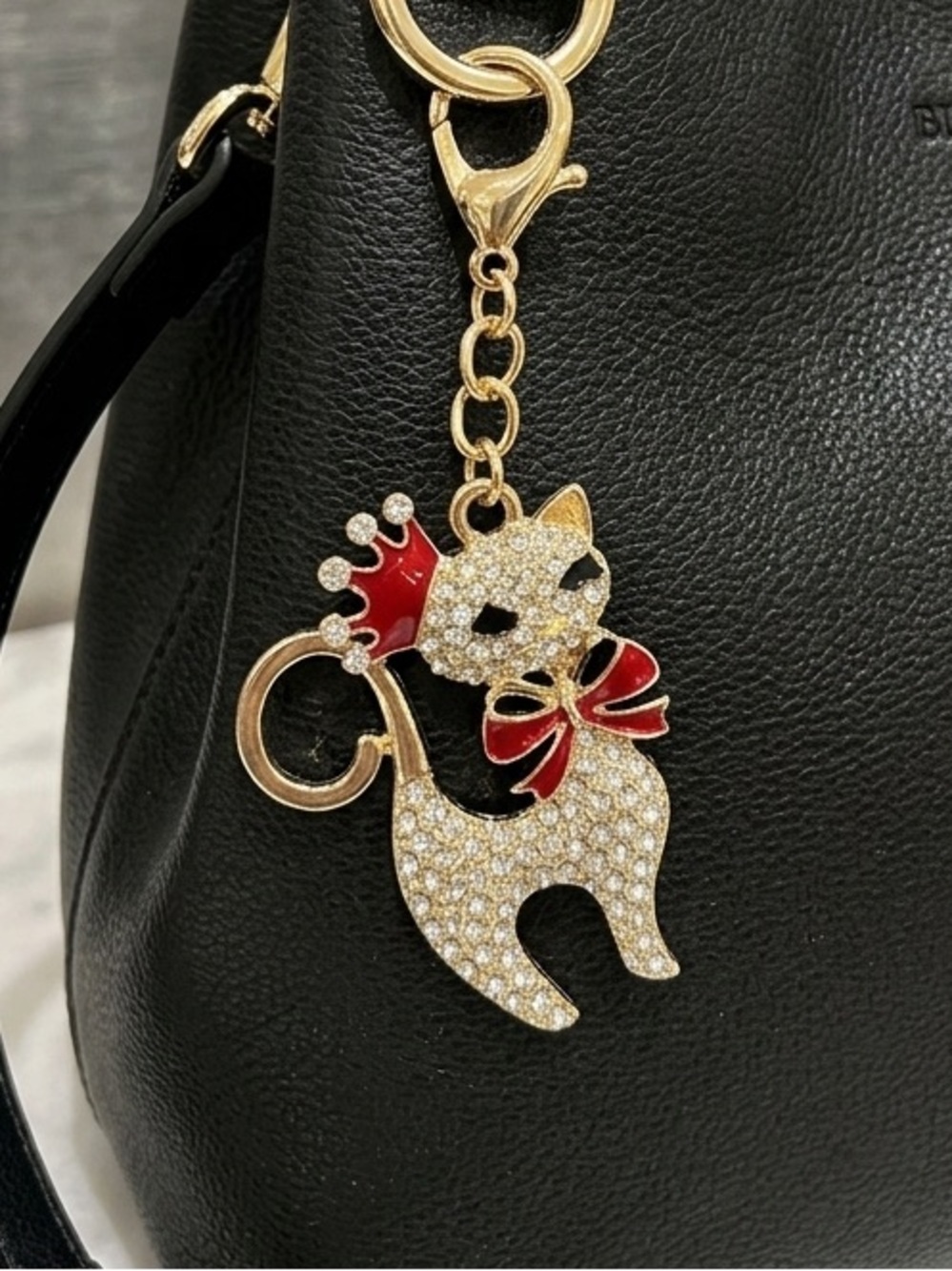 Gold tone clear rhinestone cat purse charm keychain